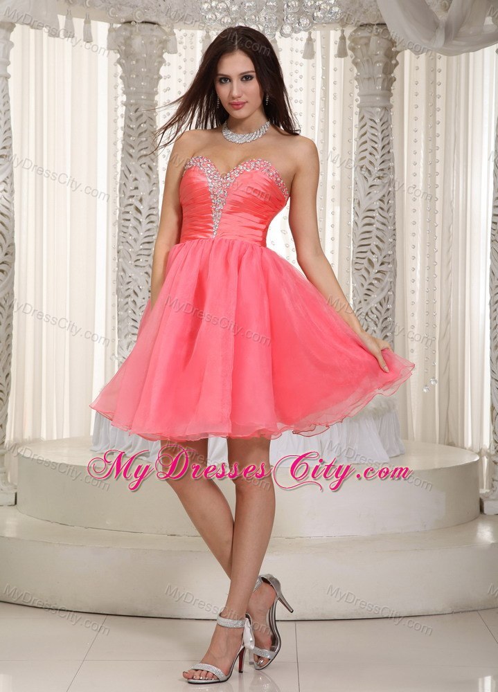 Watermelon Red Sweetheart Short Prom Cocktail Dress with Beading