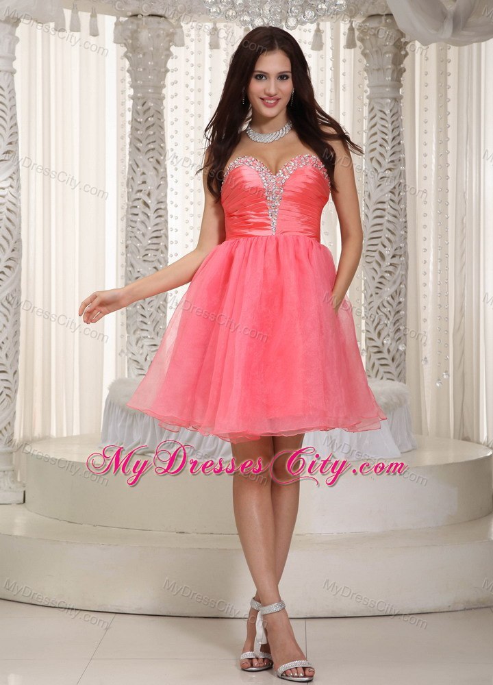 Watermelon Red Sweetheart Short Prom Cocktail Dress with Beading