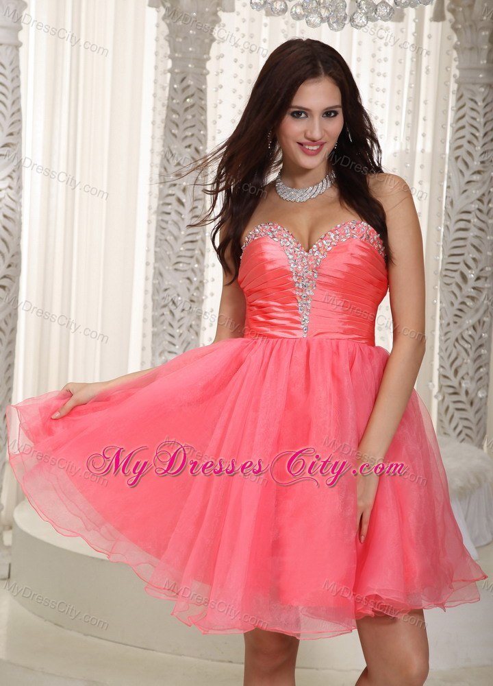 Watermelon Red Sweetheart Short Prom Cocktail Dress with Beading