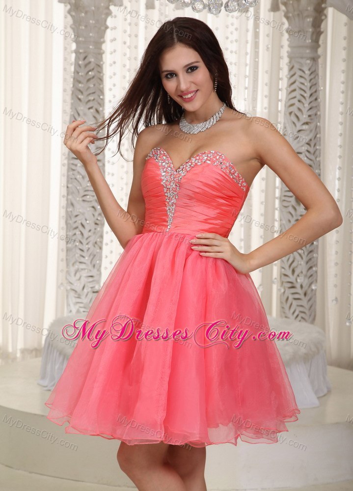 Watermelon Red Sweetheart Short Prom Cocktail Dress with Beading