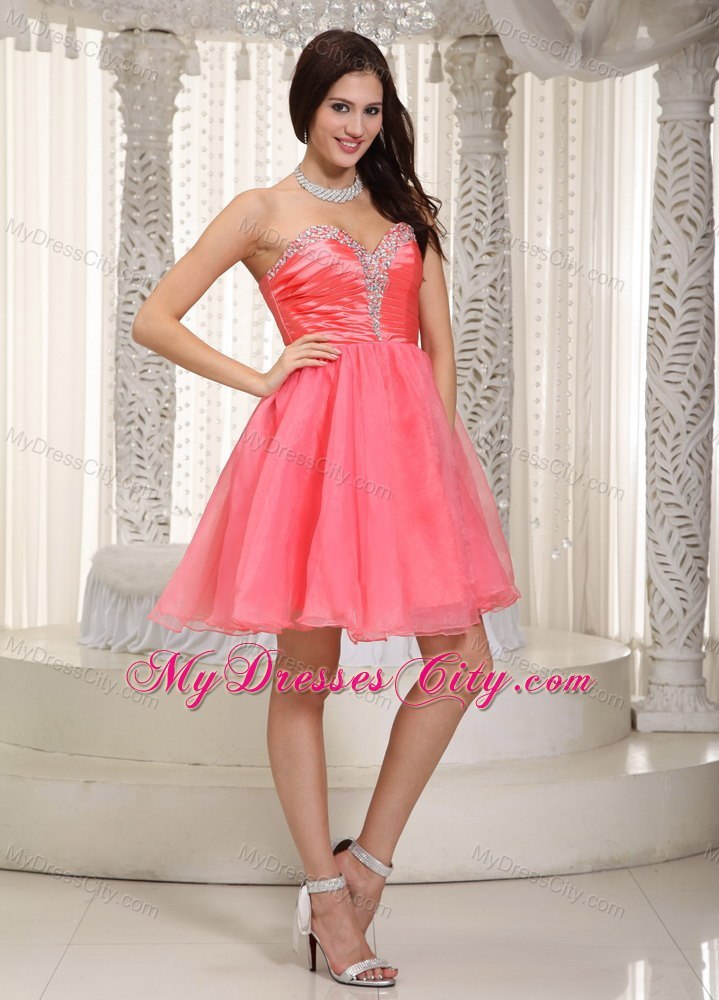 Watermelon Red Sweetheart Short Prom Cocktail Dress with Beading