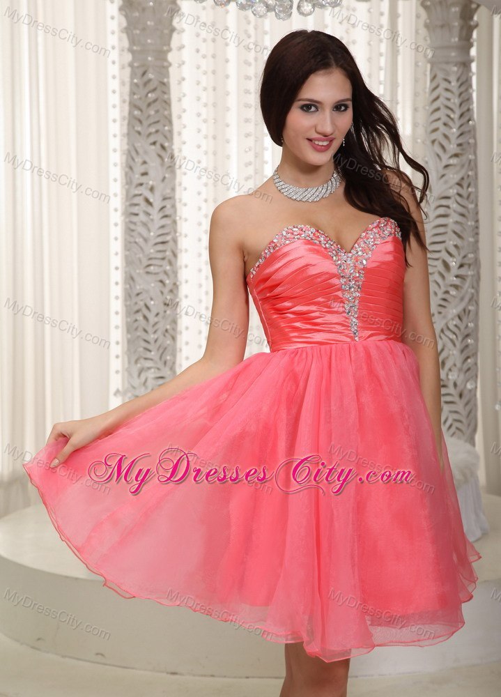 Watermelon Red Sweetheart Short Prom Cocktail Dress with Beading