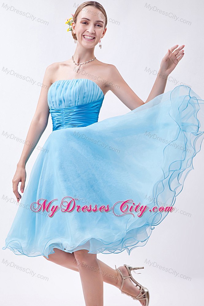 Baby Blue A-line Strapless Cocktail Dress Organza with Ruches