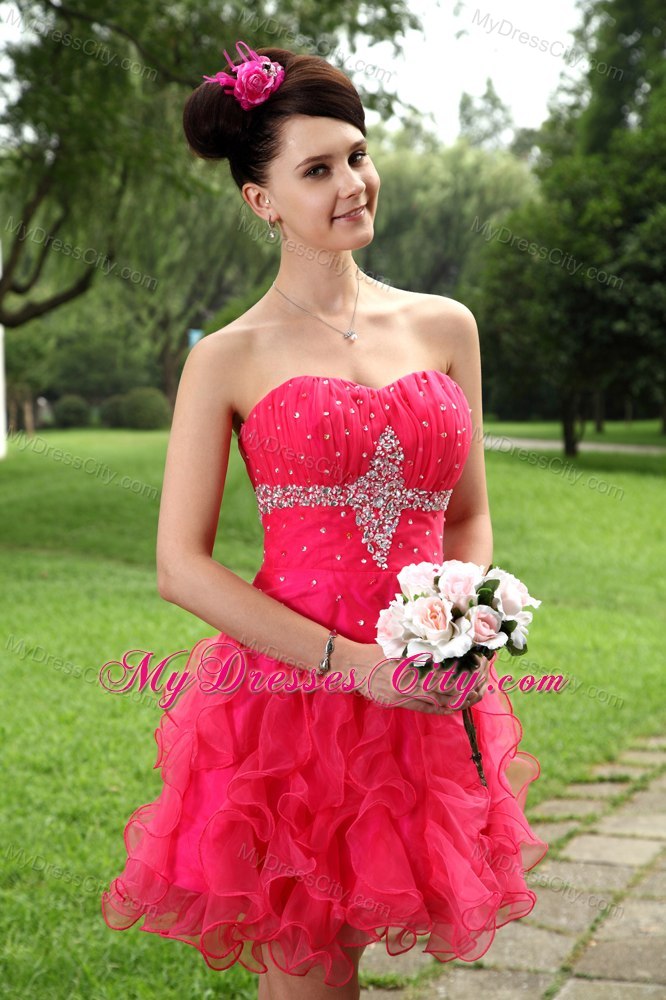 Hot Pink A-line Sweetheart Ruffles Beading Evening Cocktail Dress