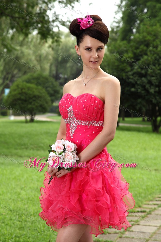 Hot Pink A-line Sweetheart Ruffles Beading Evening Cocktail Dress