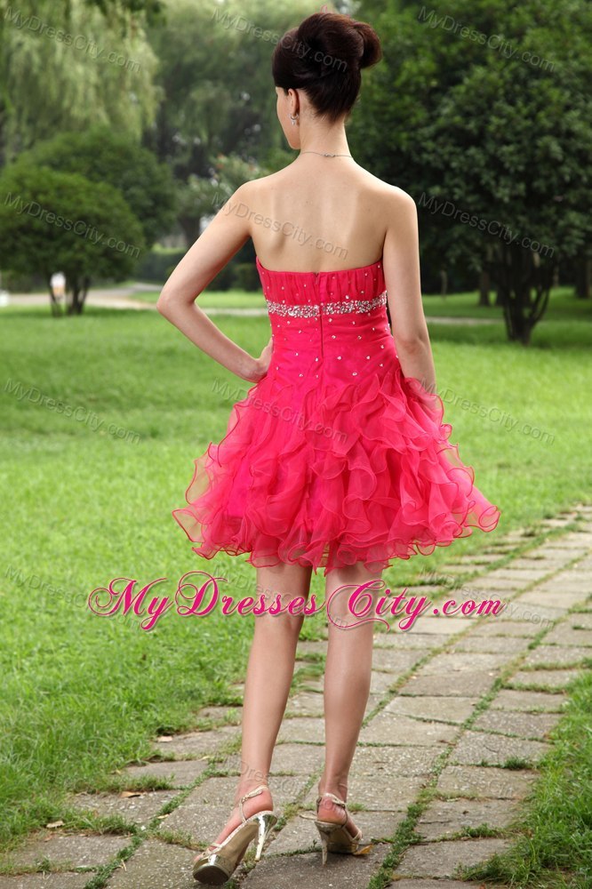 Hot Pink A-line Sweetheart Ruffles Beading Evening Cocktail Dress