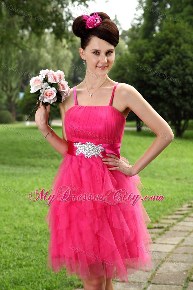 Cute Hot Pink Spaghetti Straps Tulle Beading Belt 2013 Cocktail Dress