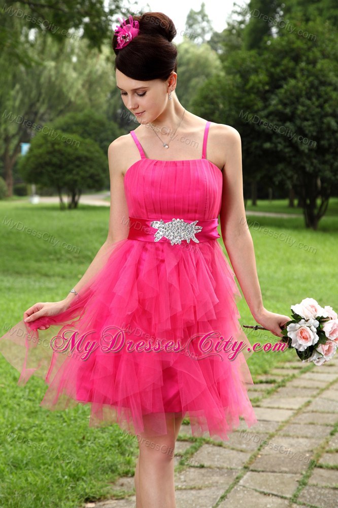 Cute Hot Pink Spaghetti Straps Tulle Beading Belt 2013 Cocktail Dress