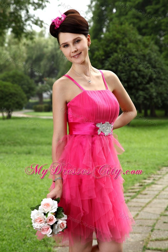 Cute Hot Pink Spaghetti Straps Tulle Beading Belt 2013 Cocktail Dress