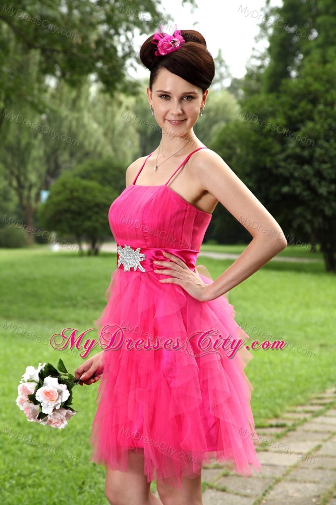 Cute Hot Pink Spaghetti Straps Tulle Beading Belt 2013 Cocktail Dress