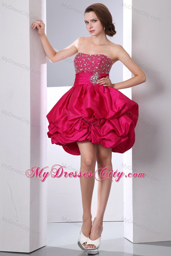 Red A-line Strapless Short Cocktail Dress with Pick-ups Taffeta Beading