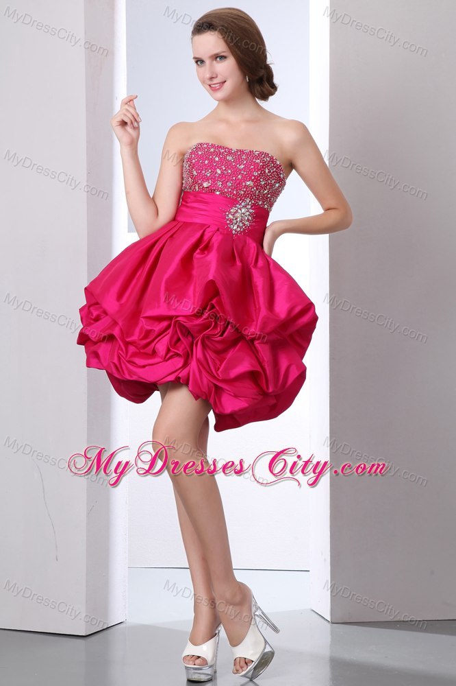 Red A-line Strapless Short Cocktail Dress with Pick-ups Taffeta Beading