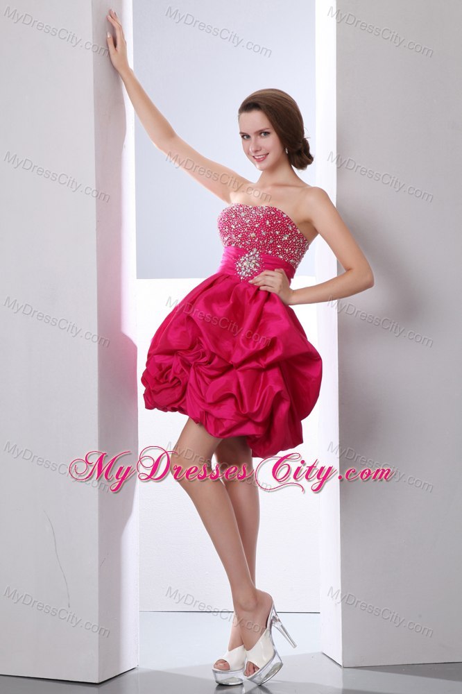 Red A-line Strapless Short Cocktail Dress with Pick-ups Taffeta Beading