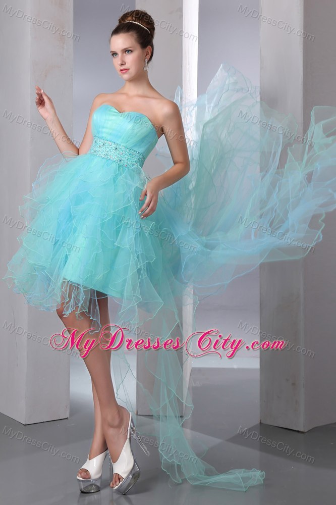 Aqua Blue Sweetheart High-low Cocktail Party Dresses with Organza