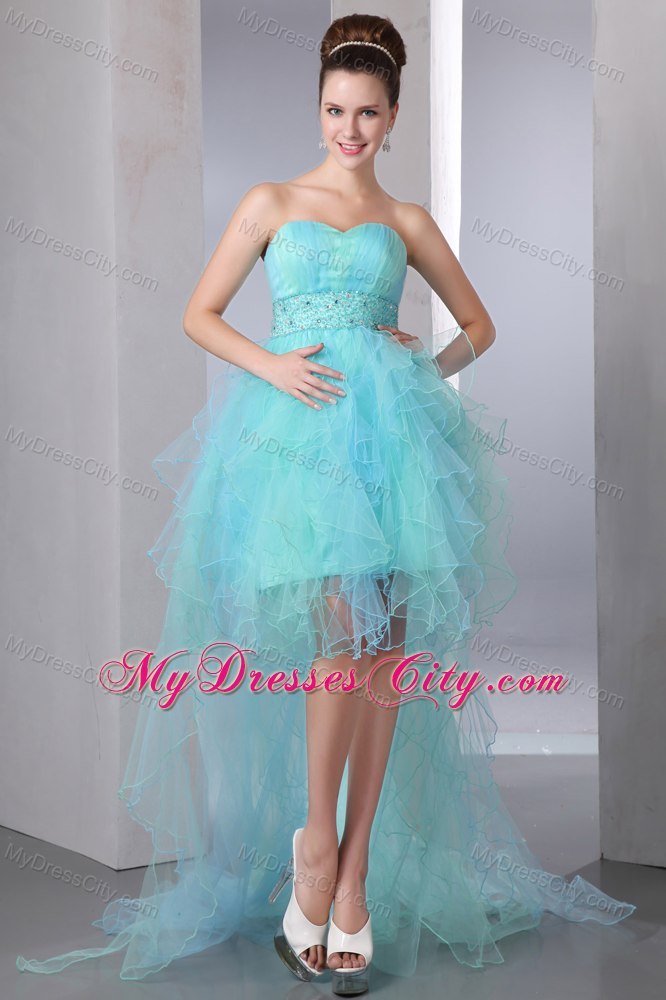 Aqua Blue Sweetheart High-low Cocktail Party Dresses with Organza