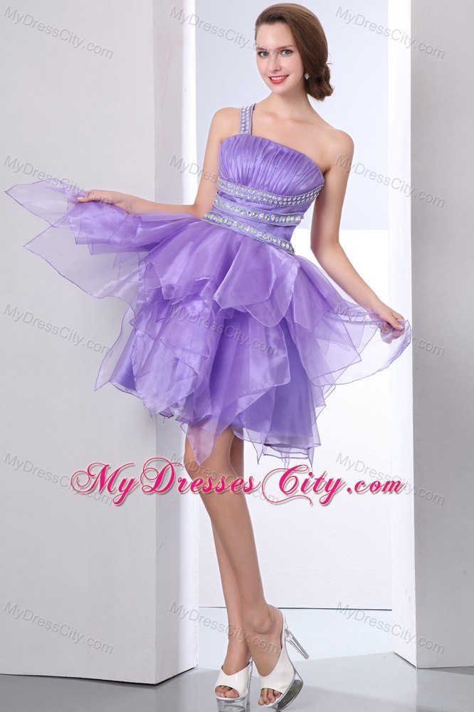 Lavender One Shoulder Evening Cocktail Dress with Cutout Back Ruffles