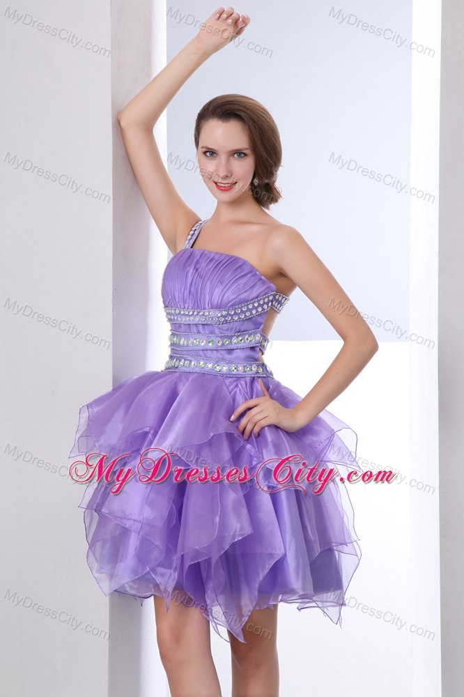 Lavender One Shoulder Evening Cocktail Dress with Cutout Back Ruffles