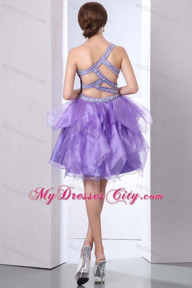 Lavender One Shoulder Evening Cocktail Dress with Cutout Back Ruffles