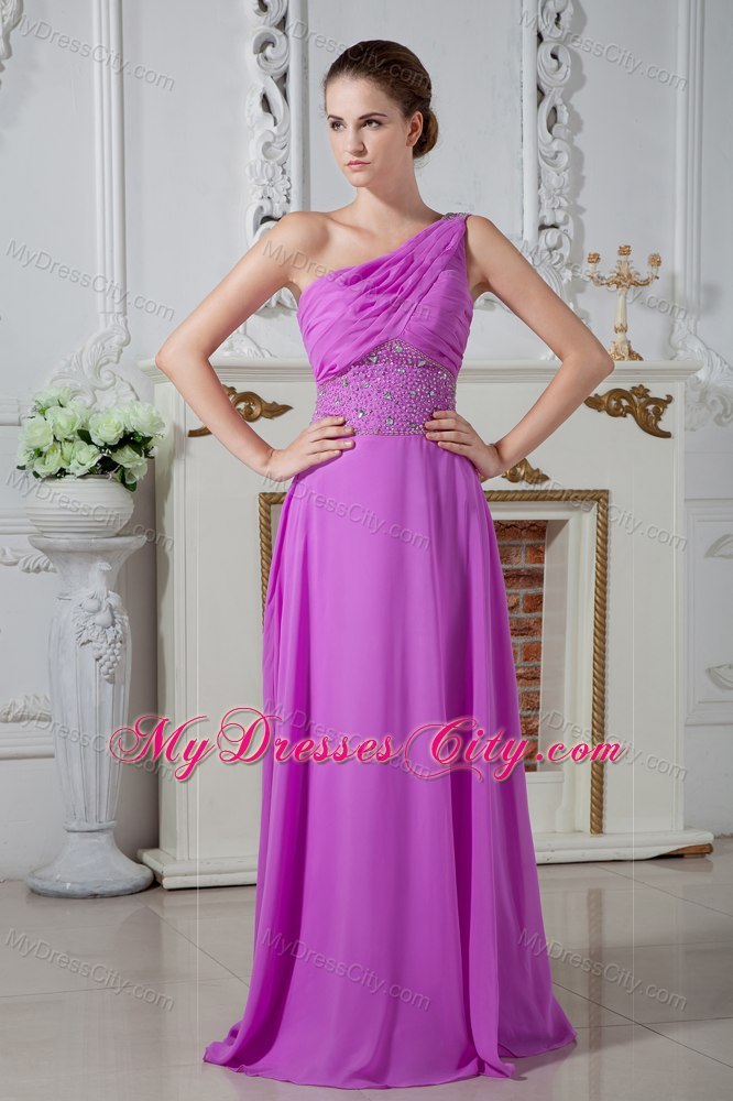 Fuchsia One Shoulder Evening Cocktail Dress with Ruches and Beading