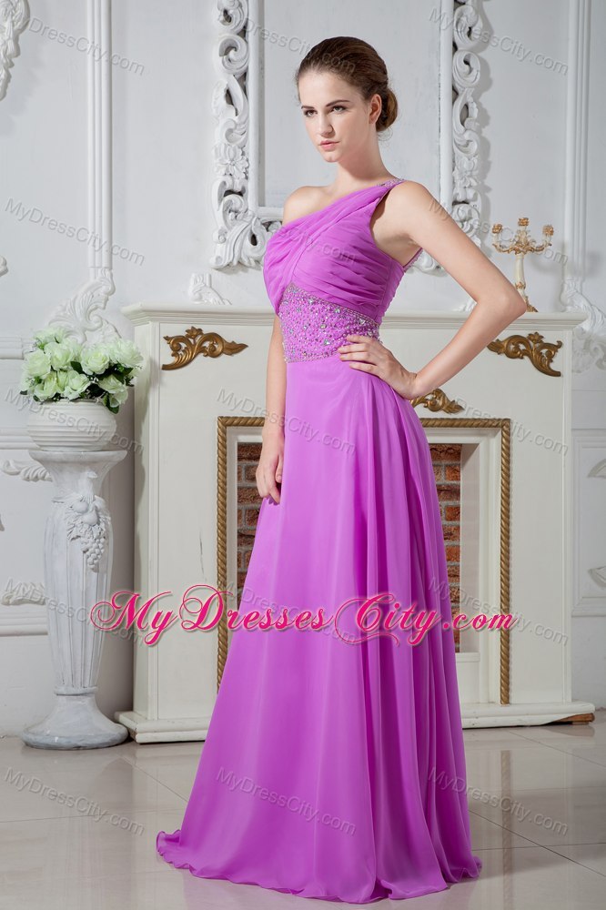 Fuchsia One Shoulder Evening Cocktail Dress with Ruches and Beading