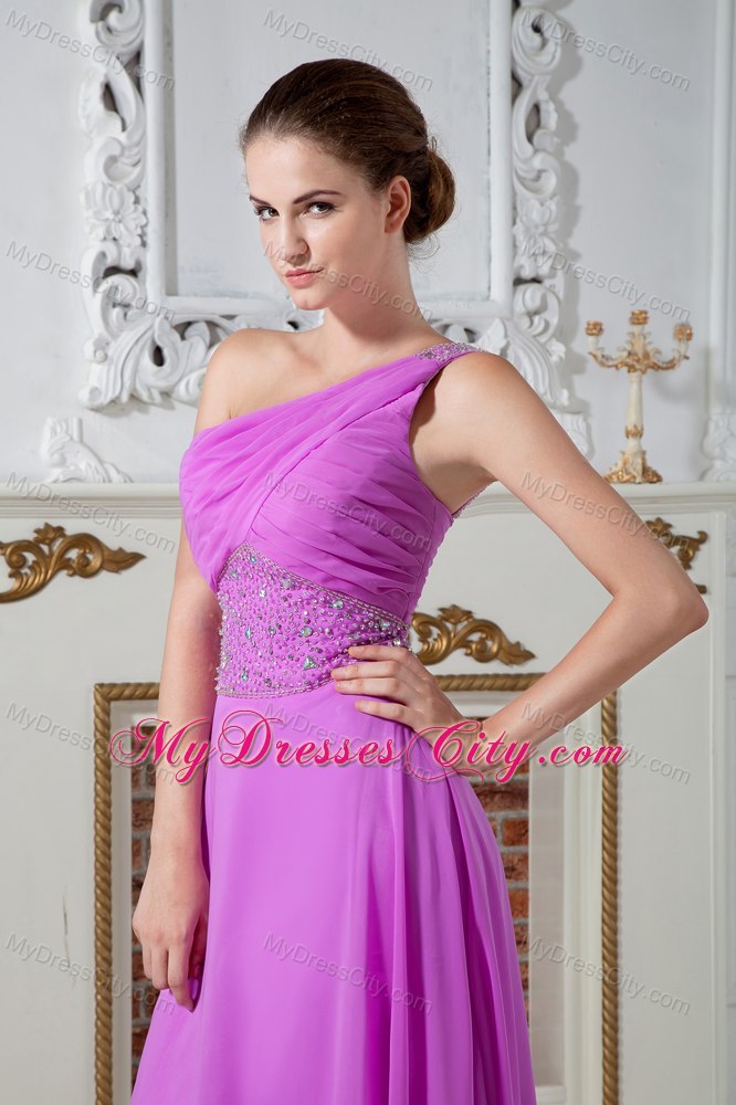 Fuchsia One Shoulder Evening Cocktail Dress with Ruches and Beading