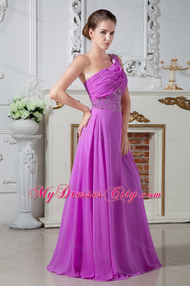 Fuchsia One Shoulder Evening Cocktail Dress with Ruches and Beading