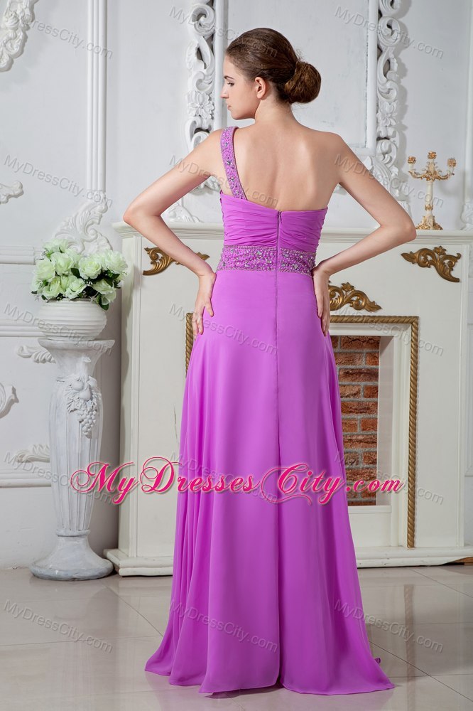 Fuchsia One Shoulder Evening Cocktail Dress with Ruches and Beading