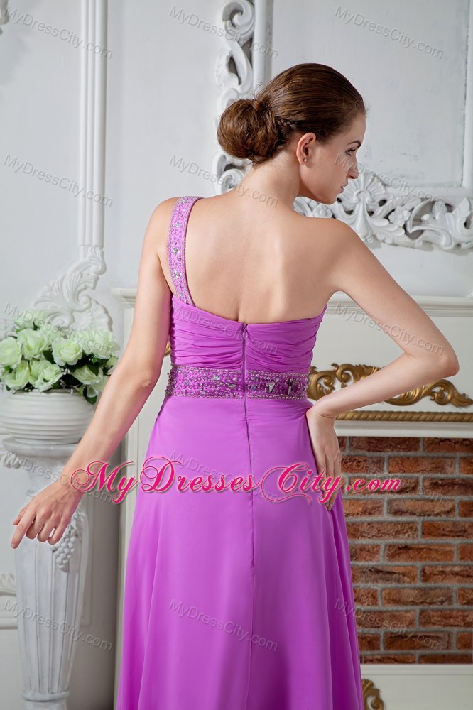 Fuchsia One Shoulder Evening Cocktail Dress with Ruches and Beading