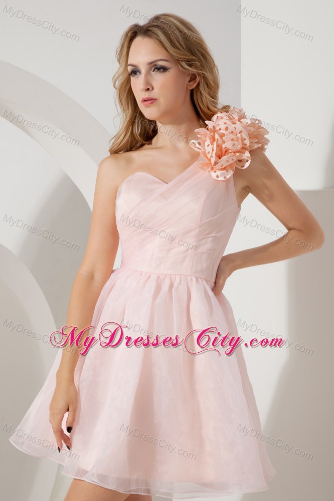 Baby Pink Princess Flower One Shoulder Ruches Cocktail Dress for Girl