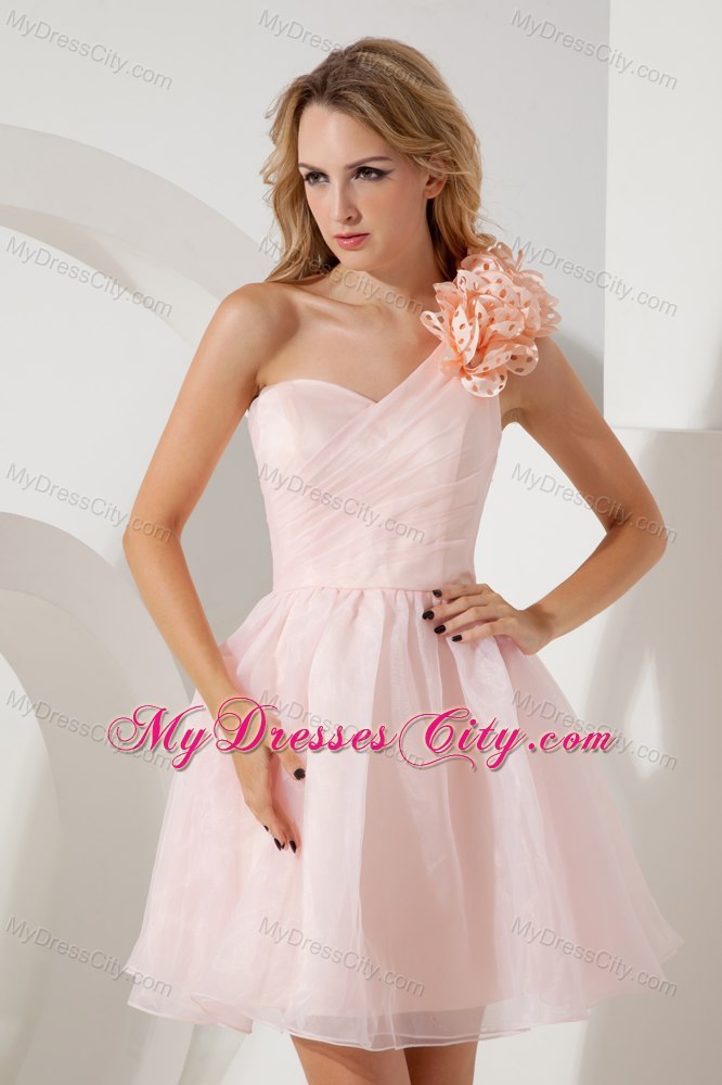 Baby Pink Princess Flower One Shoulder Ruches Cocktail Dress for Girl