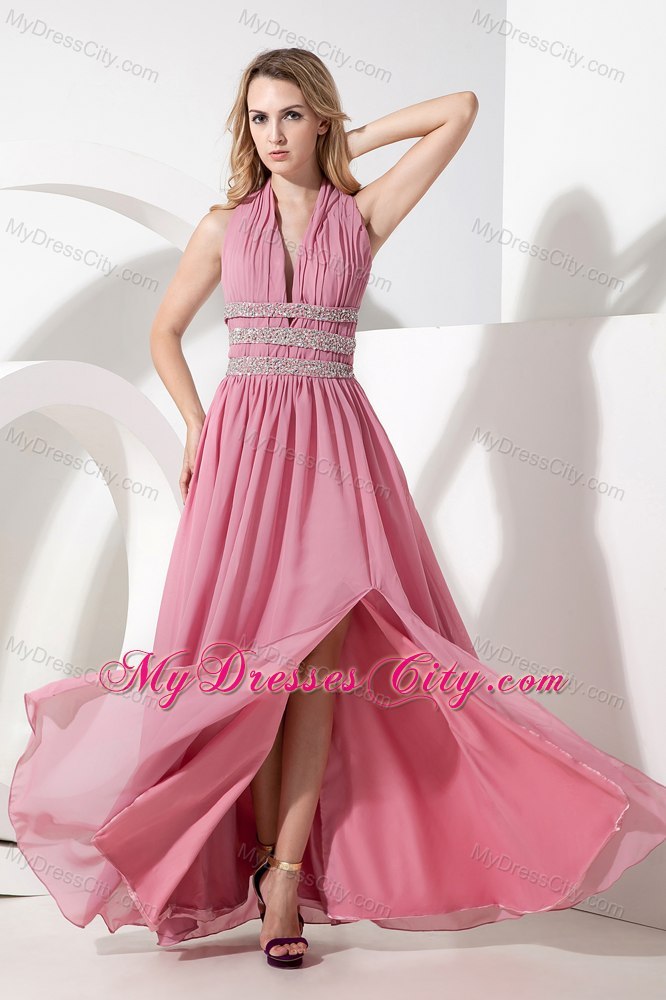 Rose Pink Empire Halter High Slit Cocktail Party Dresses with Beading