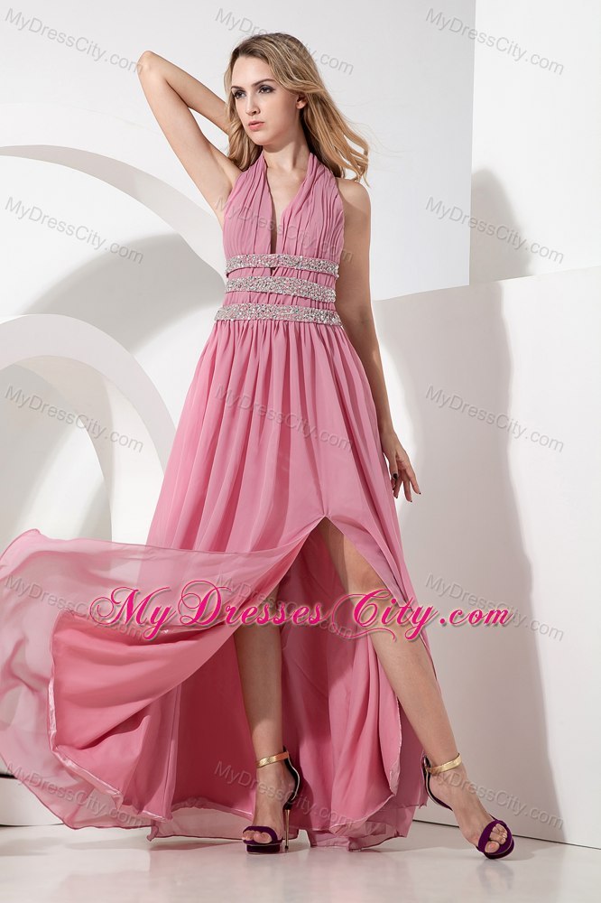 Rose Pink Empire Halter High Slit Cocktail Party Dresses with Beading