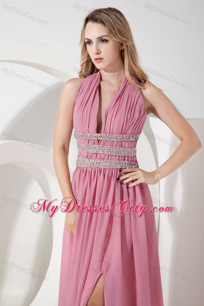 Rose Pink Empire Halter High Slit Cocktail Party Dresses with Beading