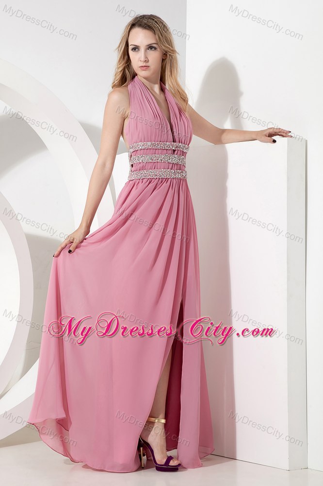 Rose Pink Empire Halter High Slit Cocktail Party Dresses with Beading