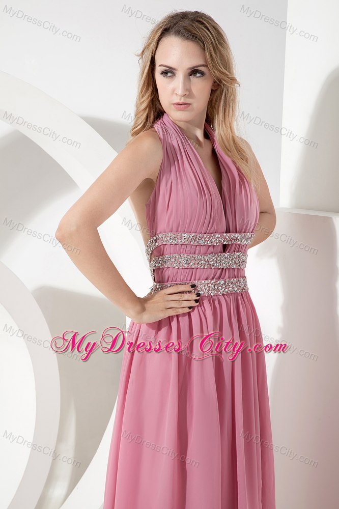 Rose Pink Empire Halter High Slit Cocktail Party Dresses with Beading