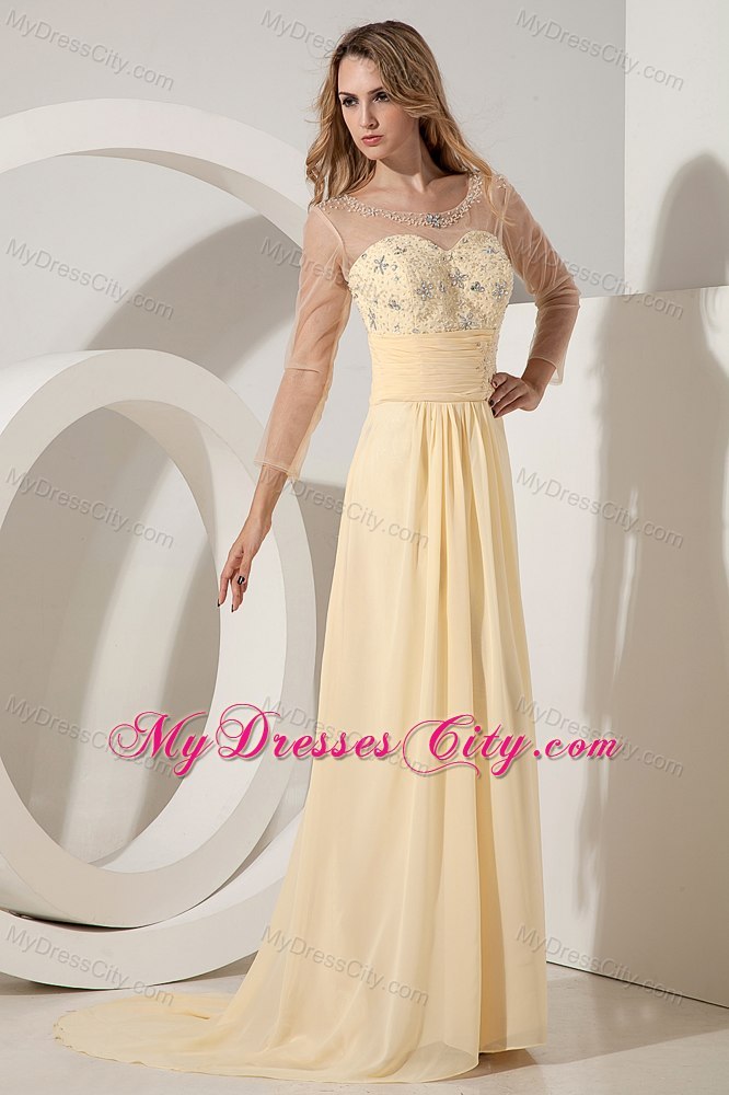 Light Yellow Long Sleeves Beading Cocktail Dress with Sheer Neckline