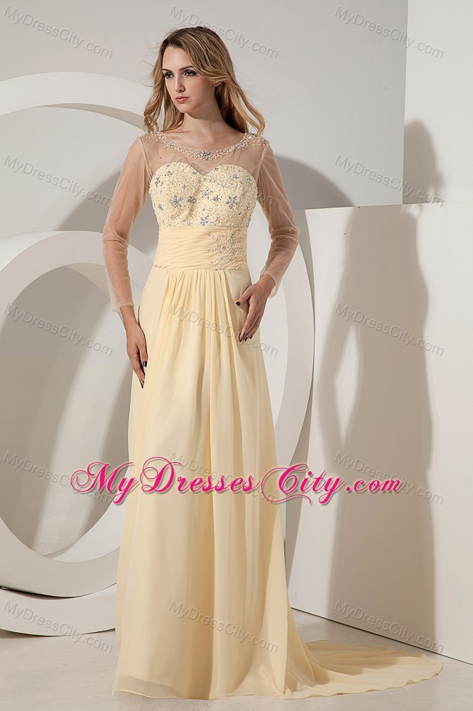 Light Yellow Long Sleeves Beading Cocktail Dress with Sheer Neckline