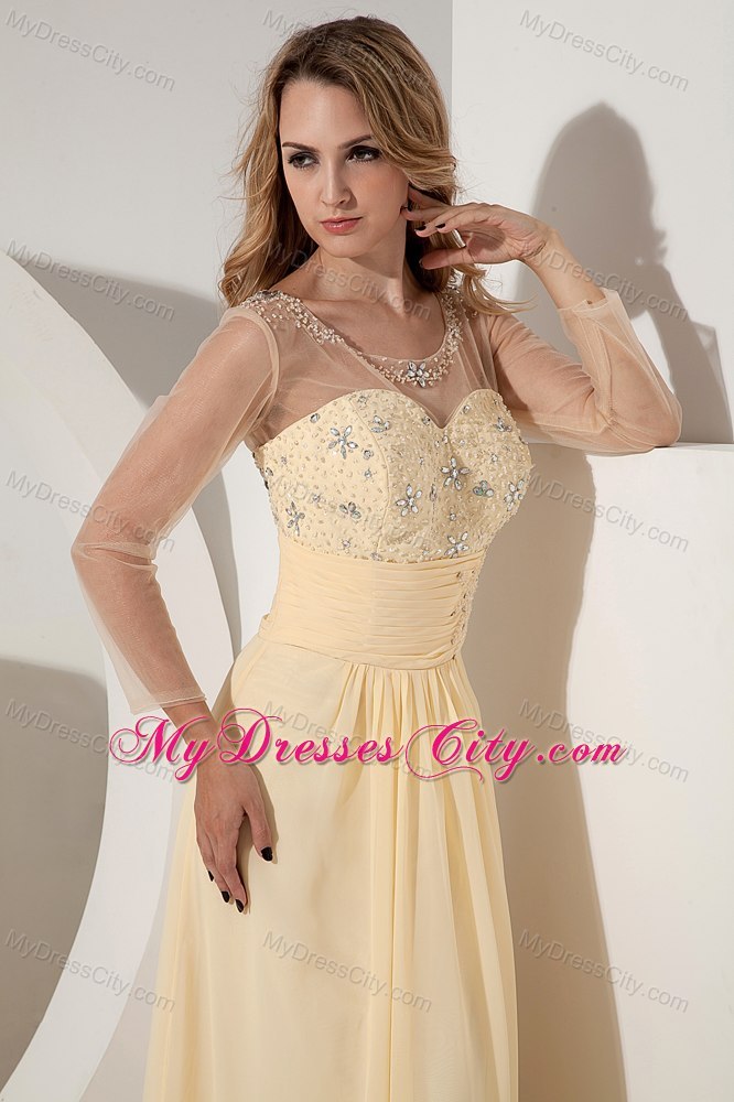 Light Yellow Long Sleeves Beading Cocktail Dress with Sheer Neckline