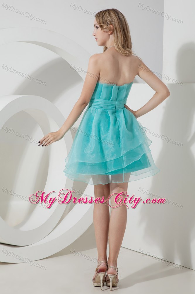 Aqua Blue A-line Strapless Organza Cocktail Dress with Ruches