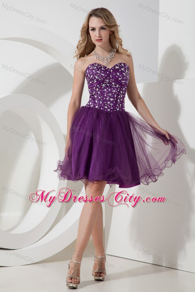 Purple A-line Sweetheart Beading Short Cocktail Dress with Organza