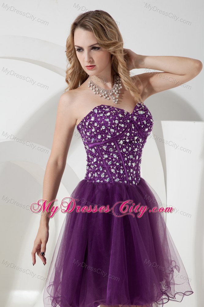 Purple A-line Sweetheart Beading Short Cocktail Dress with Organza