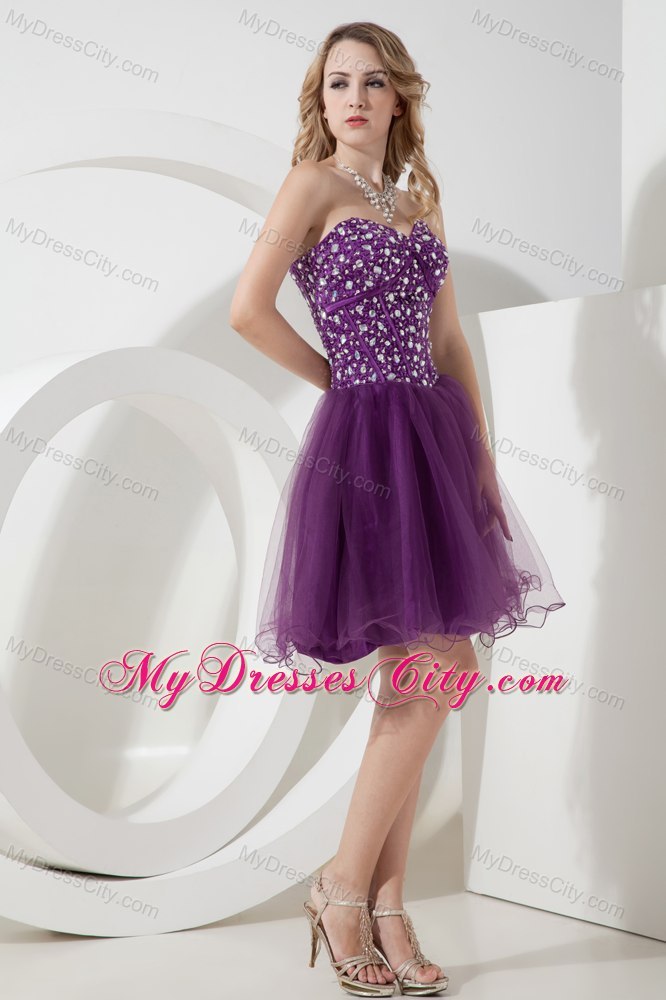 Purple A-line Sweetheart Beading Short Cocktail Dress with Organza