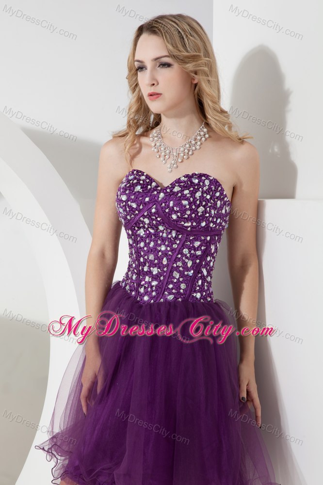 Purple A-line Sweetheart Beading Short Cocktail Dress with Organza