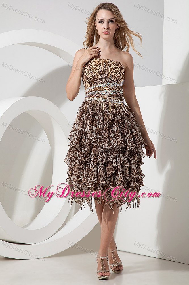 One Shoulder Ruffles Beading Leopard Cocktail Dress with Cutout Back