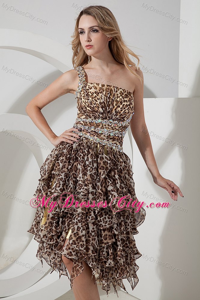 One Shoulder Ruffles Beading Leopard Cocktail Dress with Cutout Back