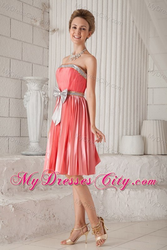 Watermelon Red Strapless Sash Pleat Homecoming Cocktail Dresses