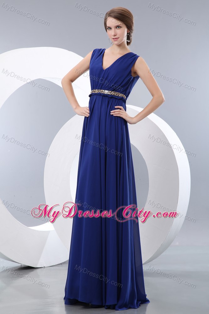 Simple Blue V-neck Belt Ruches Prom Cocktail Dress with Floor-length