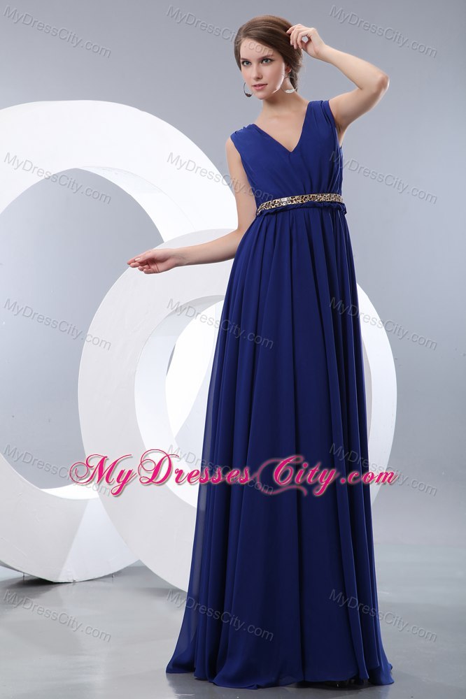 Simple Blue V-neck Belt Ruches Prom Cocktail Dress with Floor-length