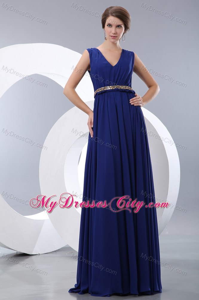 Simple Blue V-neck Belt Ruches Prom Cocktail Dress with Floor-length