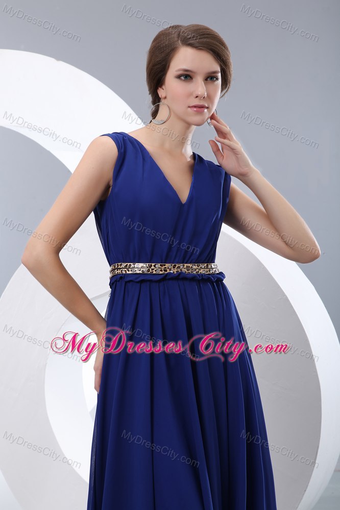 Simple Blue V-neck Belt Ruches Prom Cocktail Dress with Floor-length